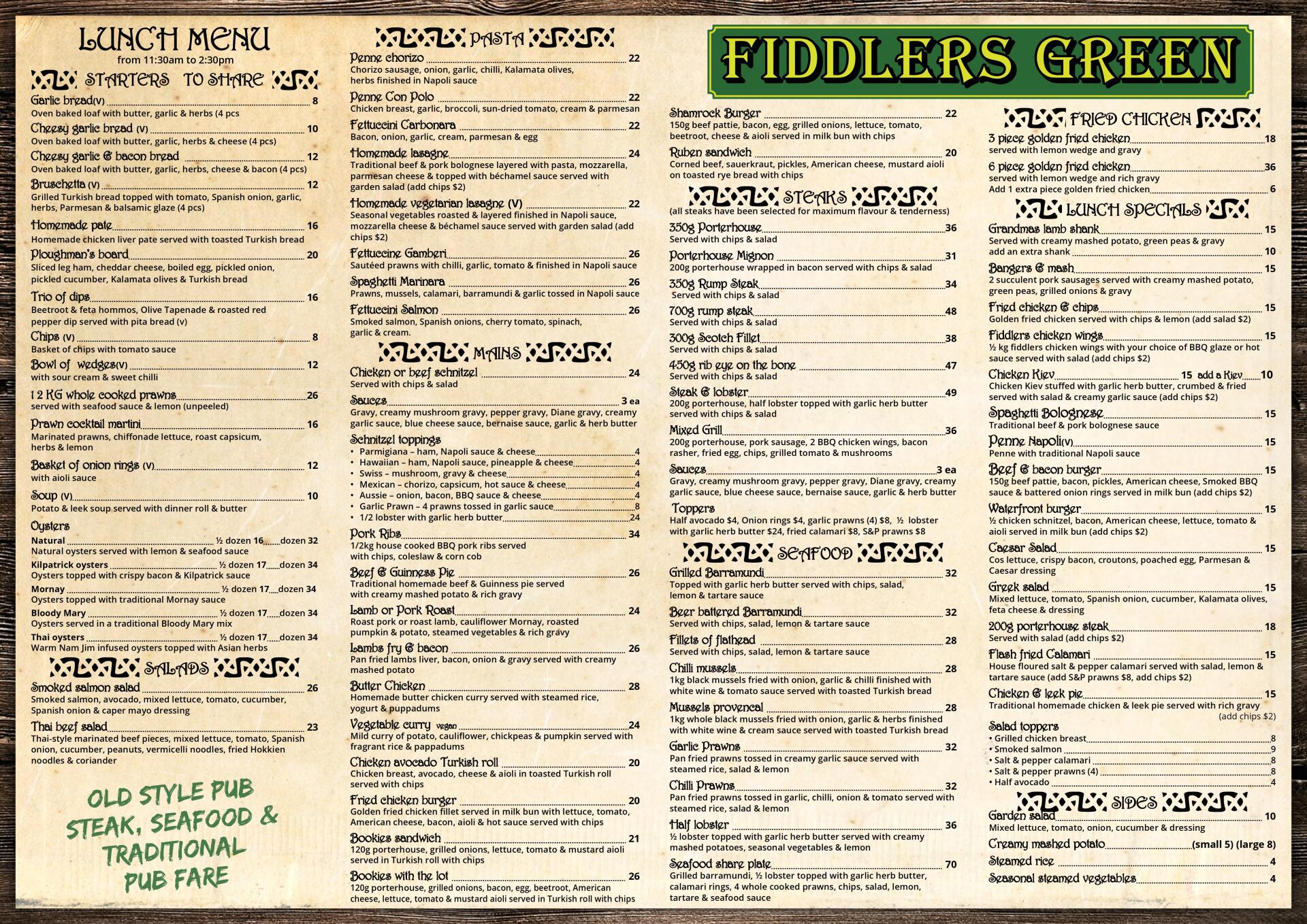 Fiddler's Green Darwin Menus