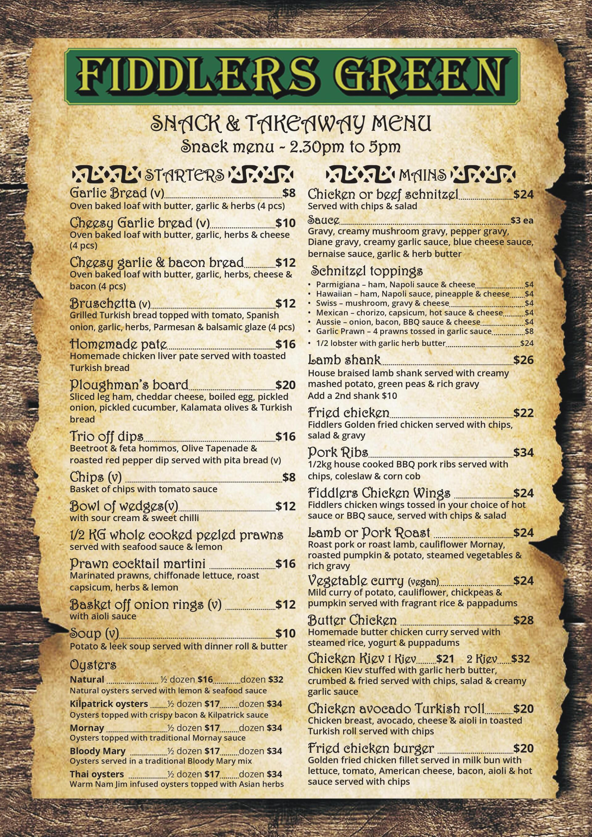 Fiddler's Green Darwin Menus