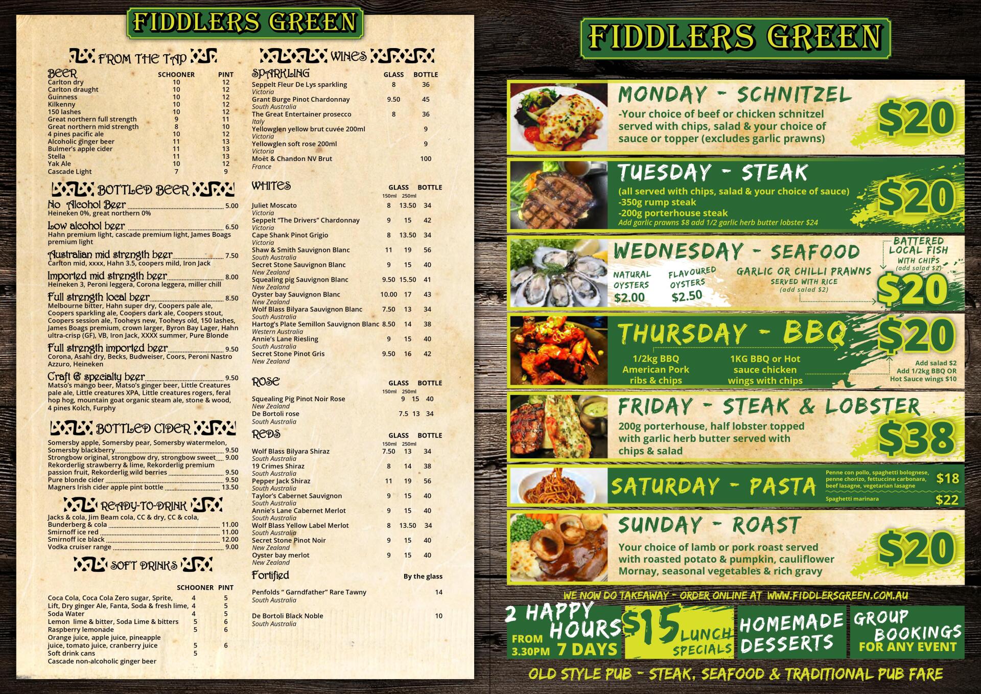 Fiddler's Green Darwin Menus