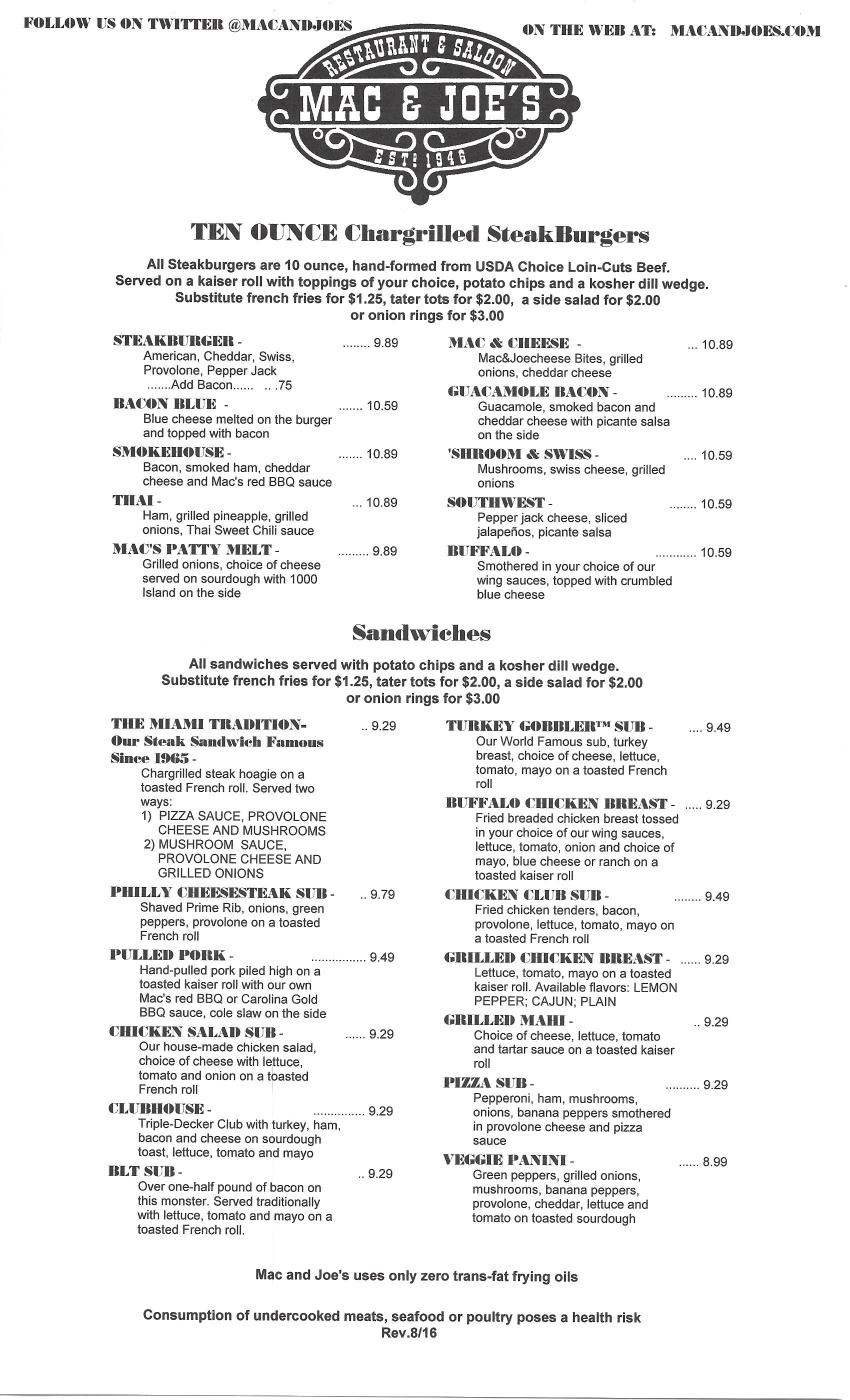 Menu Mac and Joe's Oxford OH