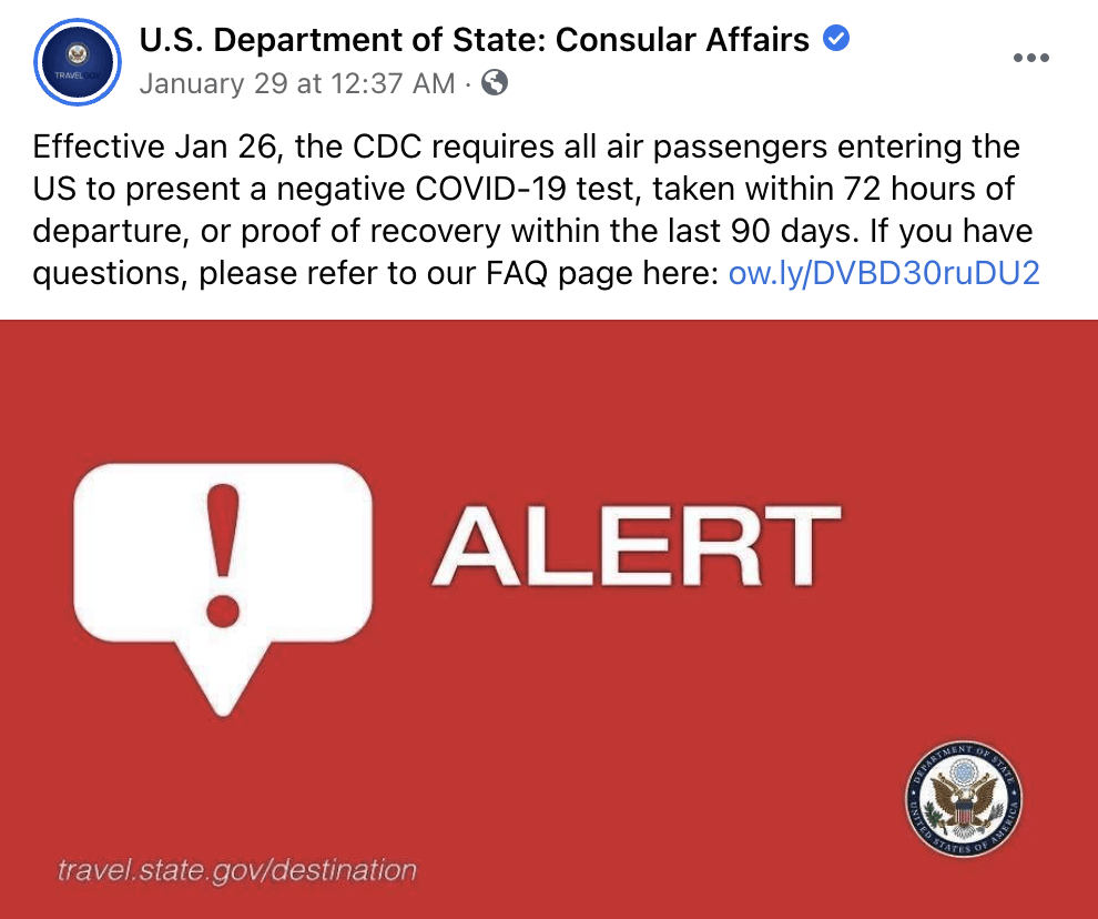 COVID TESTS REQUIRED FOR US ENTRY