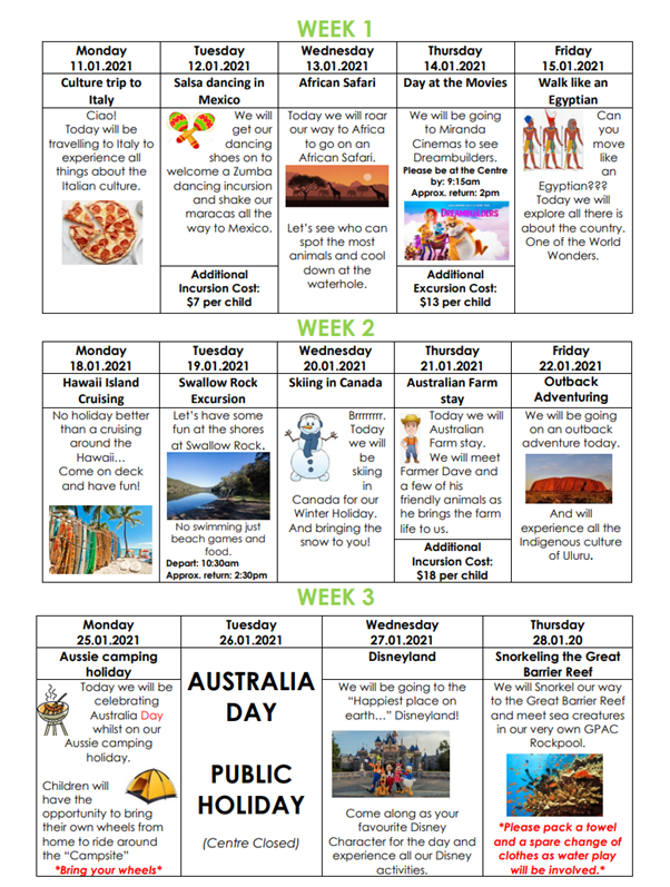 January 2021 Vacation Care