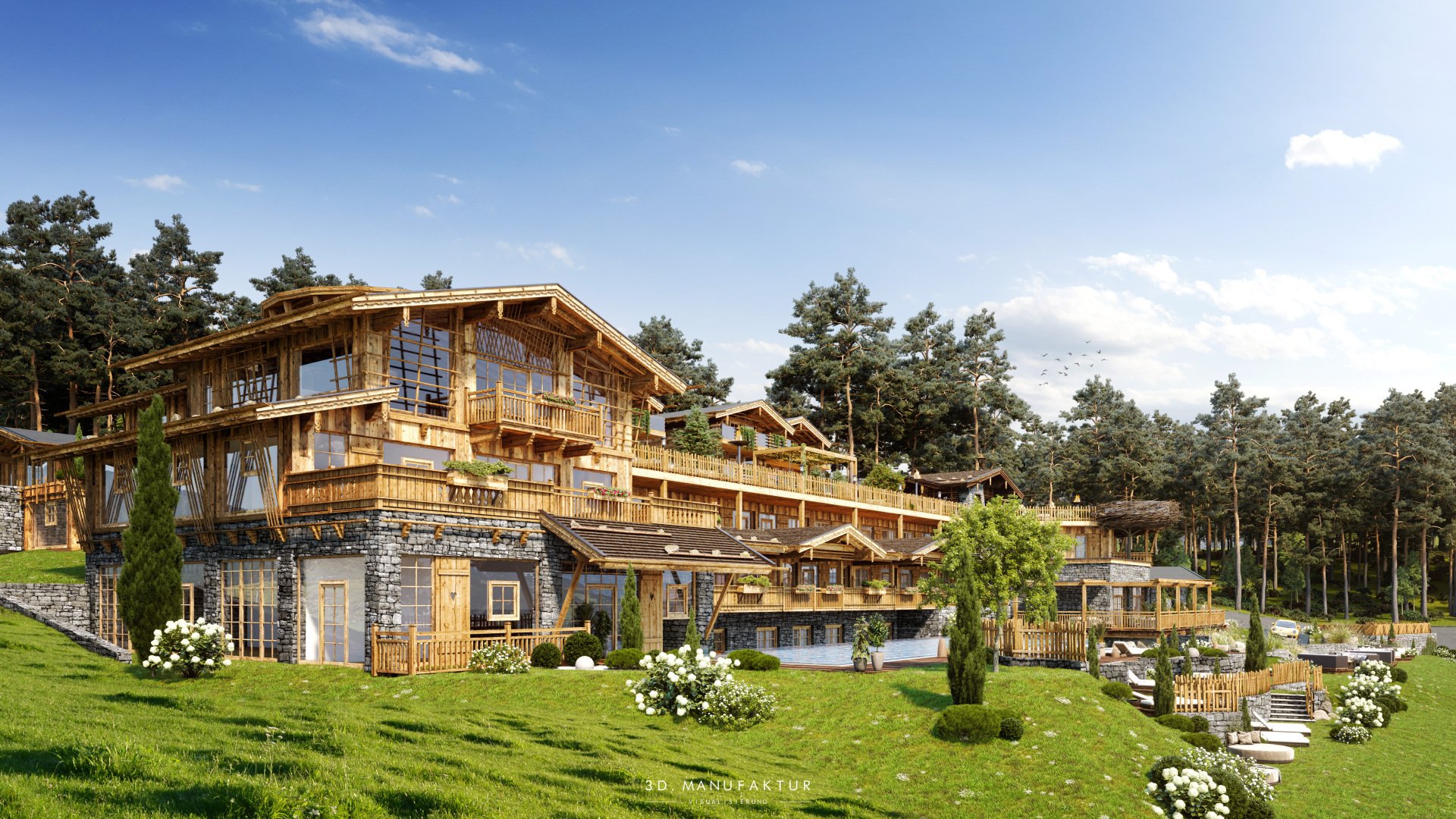 Architekturvisualisierung Chaletdorf Rustikal