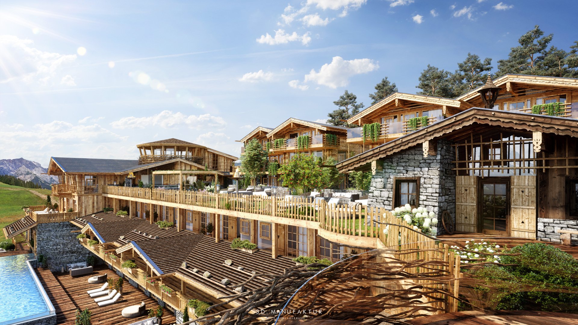 Architekturvisualisierung Chaletdorf Rustikal