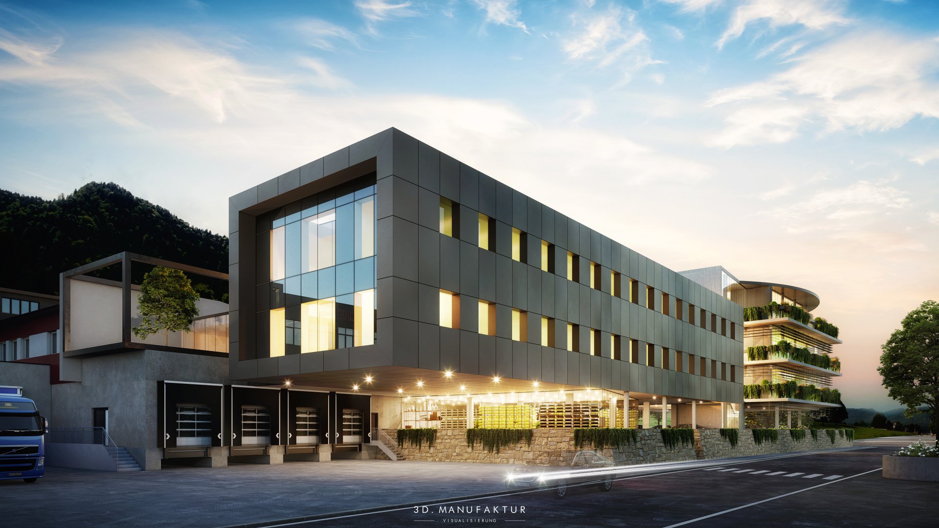 Architekturvisualisierung Morandell Firmengebäude Abend