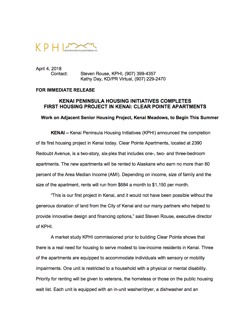 Press Release Kenai Peninsula Housing Initiatives, Inc