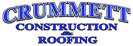 A blue and white logo for crummett construction and roofing