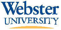 a blue and yellow logo for webster university