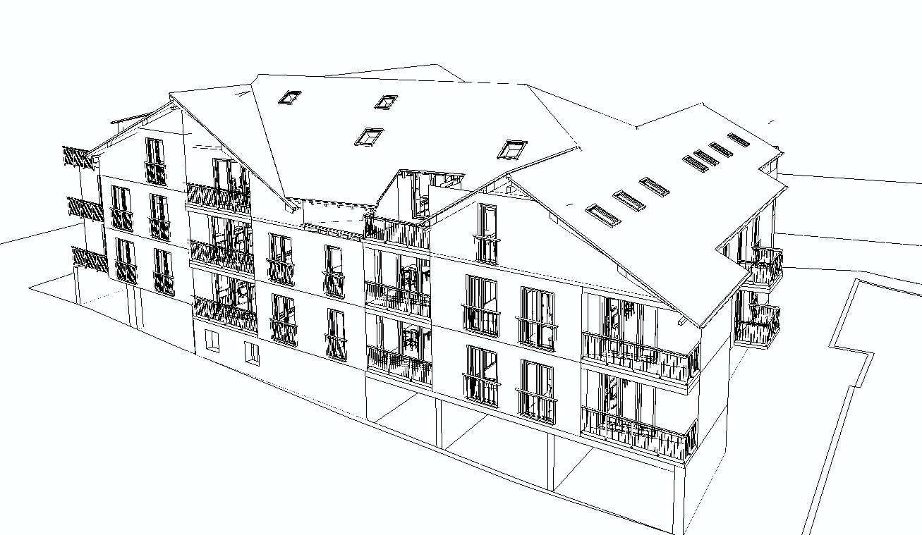 Eine Schwarz-Weiß-Zeichnung eines Gebäudes mit vielen Fenstern