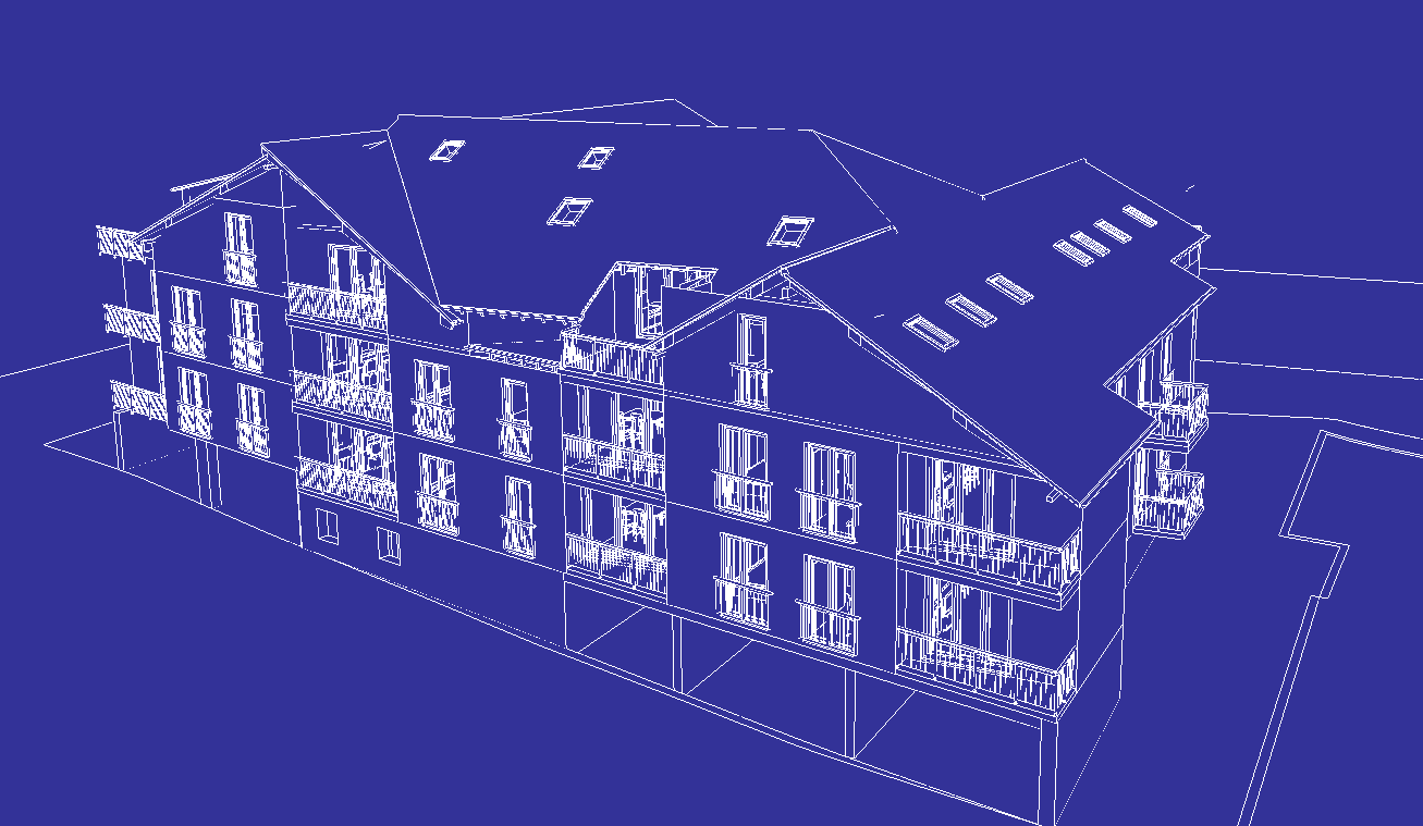 Eine blau-weiße Zeichnung eines Gebäudes auf blauem Hintergrund