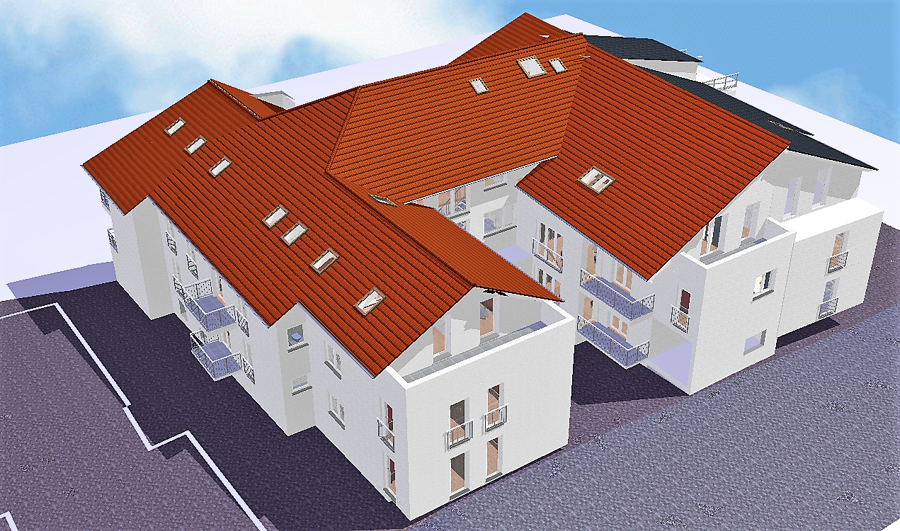 Eine Luftaufnahme eines Gebäudes mit einem roten Dach