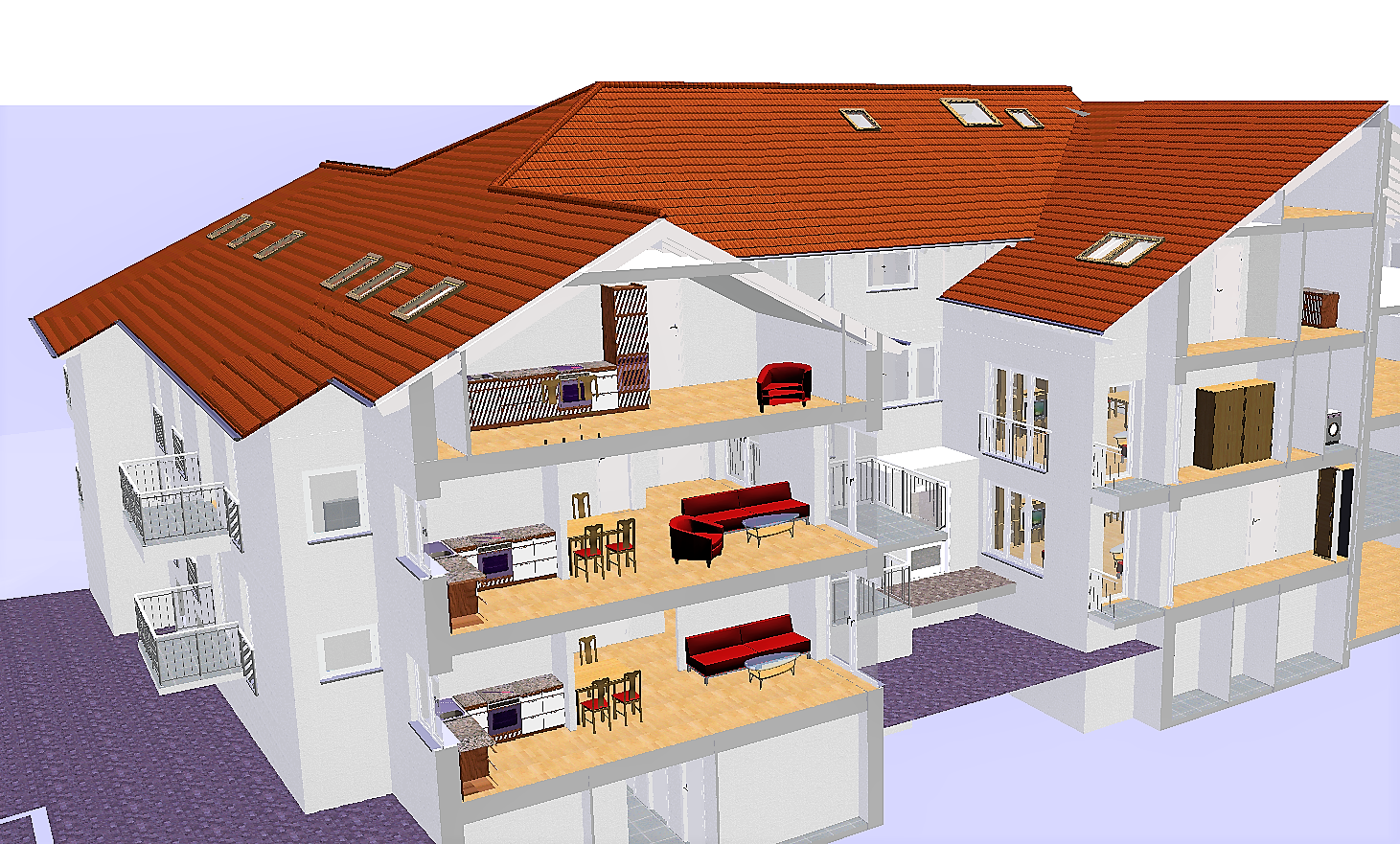 Ein 3D-Modell eines Hauses mit einem roten Ziegeldach