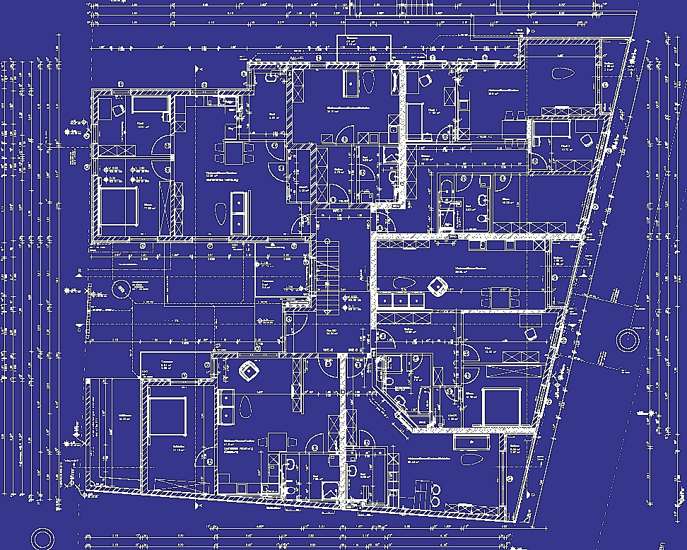 Ein blau-weißer Grundriss eines Hauses