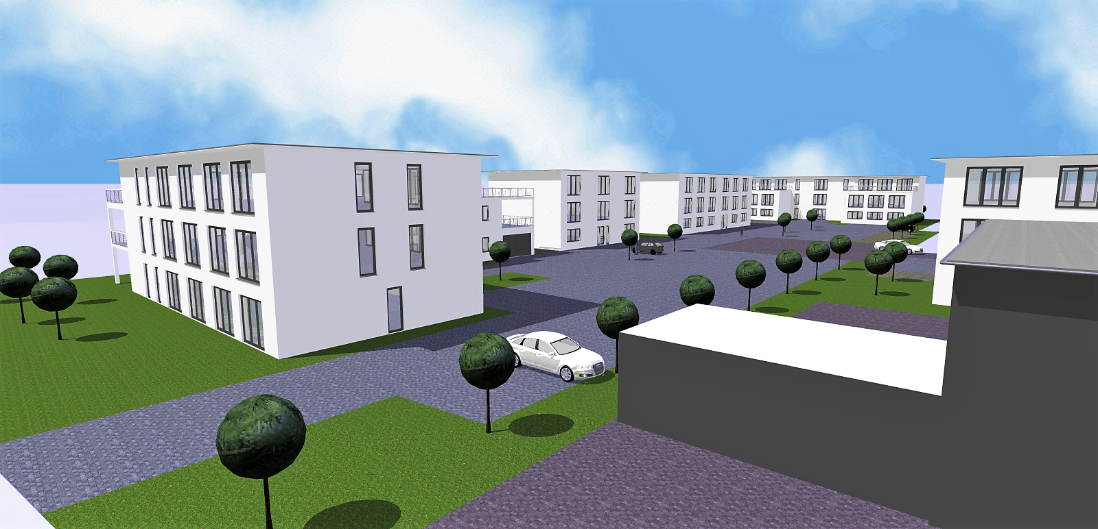 Ein computergeneriertes Bild eines Gebäudes mit einem davor geparkten Auto