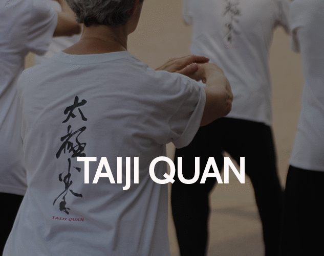 Un gruppo di persone che indossano camicie bianche con la scritta Taiji Quan sul retro