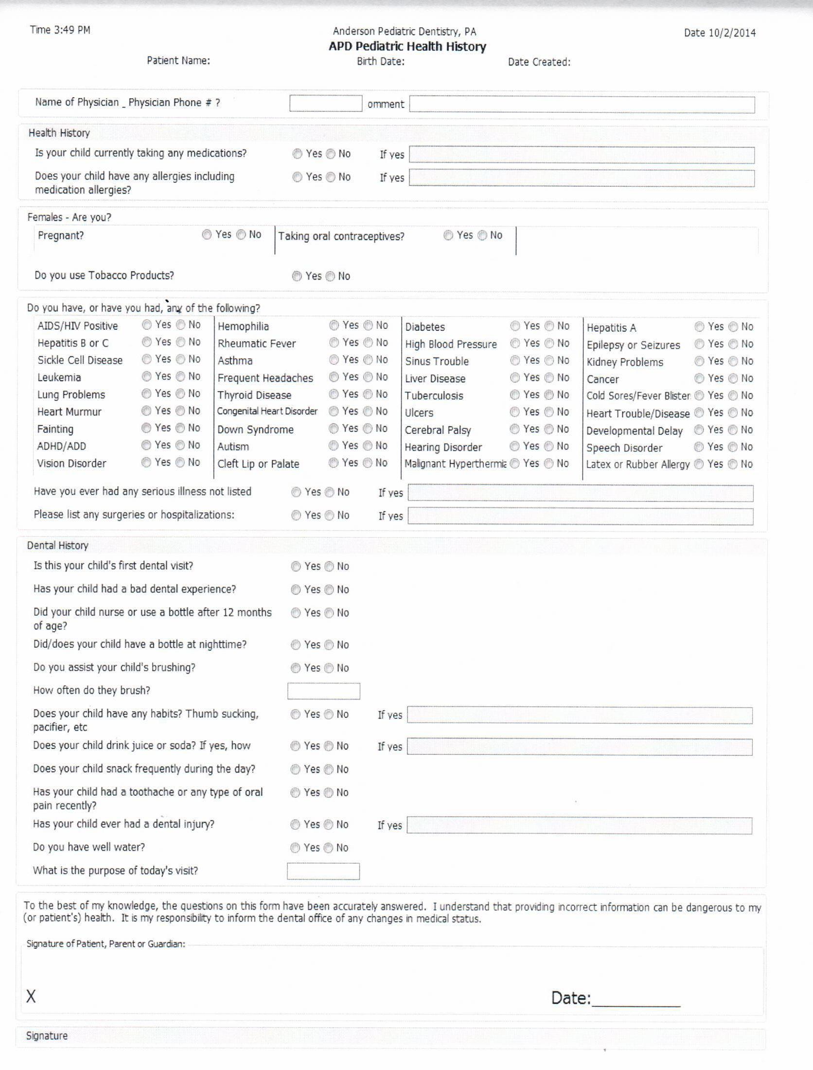 health history forms