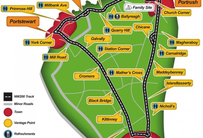 Kaart van een racecircuit met gemarkeerde steden en bezienswaardigheden, waaronder Portrush en Portstewart. De route is een zwarte lijn.