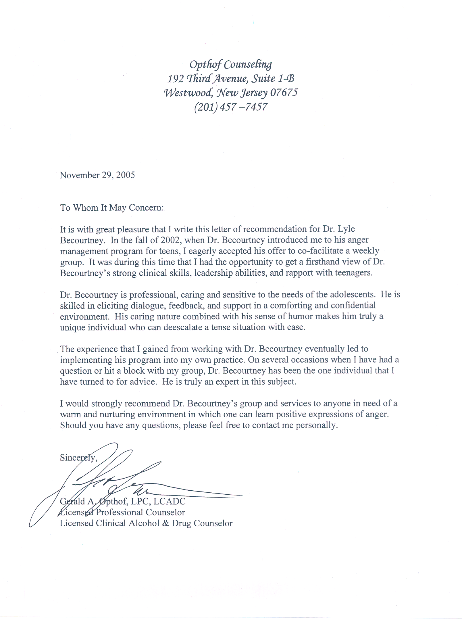 letter of reference from gerald opthof lpc sample letter of recommendation for mental health counselor