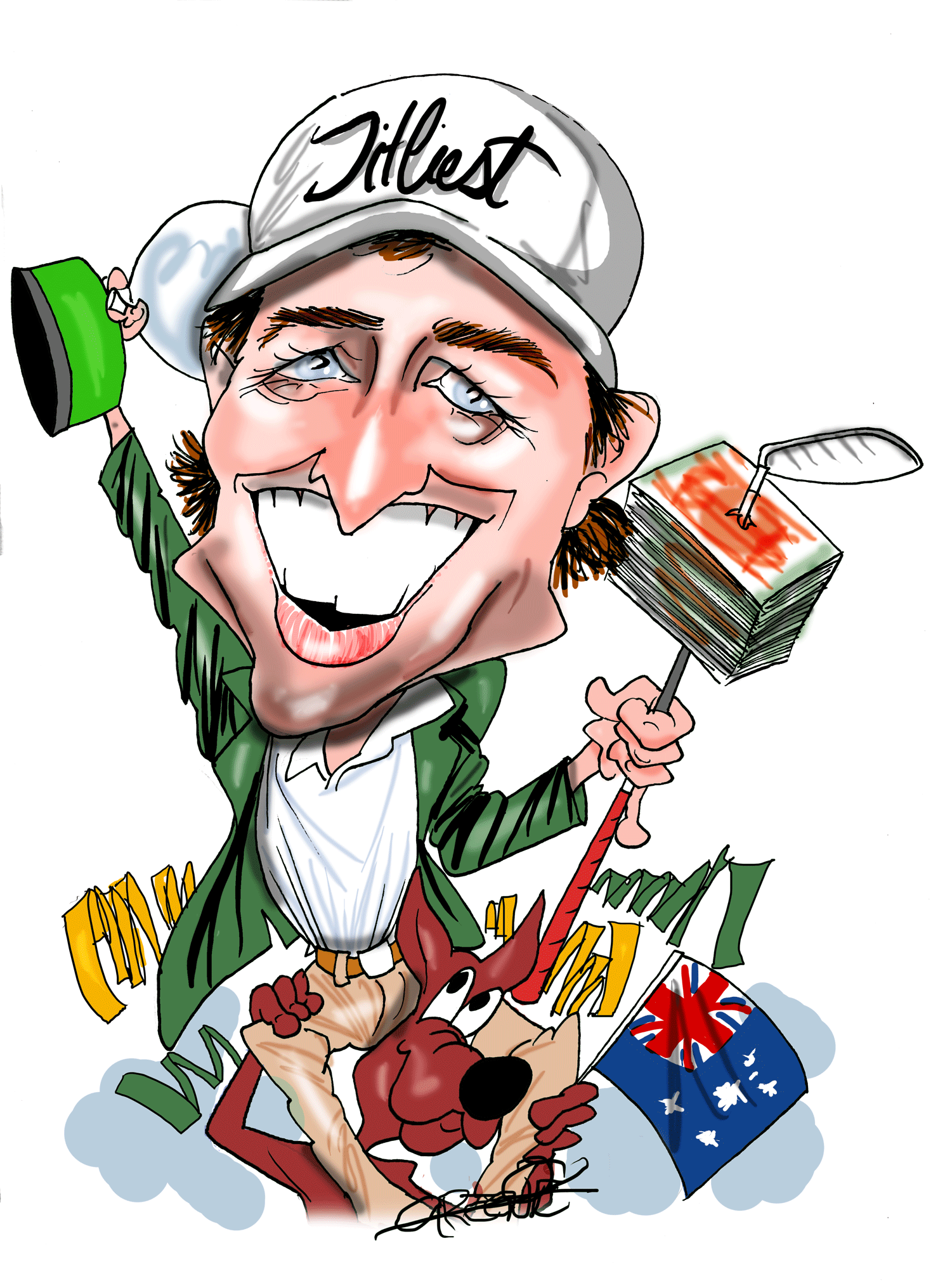 Adan Scott Australian Golfer, wins the US masters sports star of the week a caricature by David Green