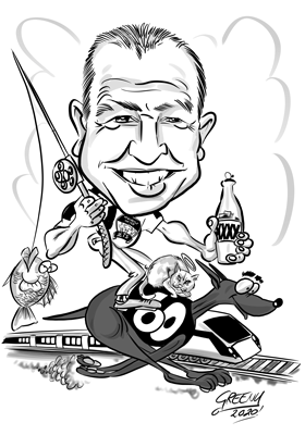 Hand drawn black and white original caricature of a bee keeper, s emailed to you or posted these hand drawn caricatures are drawn with black markers with a grey wash over the caricature giving the cartoon a real old school look and feel about the drawing,  hand drawn caricatures by Australian cartoonist David Green, order your hand drawn black and white caricatures here