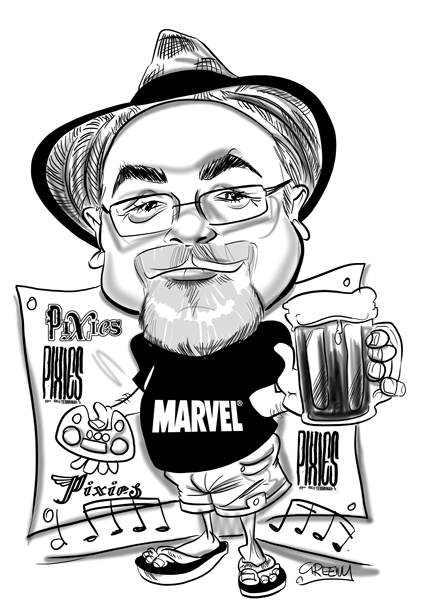 Hand drawn black and white original caricature of a bee keeper, s emailed to you or posted these hand drawn caricatures are drawn with black markers with a grey wash over the caricature giving the cartoon a real old school look and feel about the drawing,  hand drawn caricatures by Australian cartoonist David Green, order your hand drawn black and white caricatures here