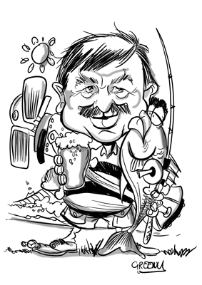 Hand drawn black and white original caricature of a bee keeper, s emailed to you or posted these hand drawn caricatures are drawn with black markers with a grey wash over the caricature giving the cartoon a real old school look and feel about the drawing,  hand drawn caricatures by Australian cartoonist David Green, order your hand drawn black and white caricatures here