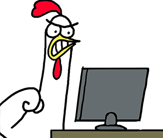 A cartoon chicken is standing in front of a computer monitor.
