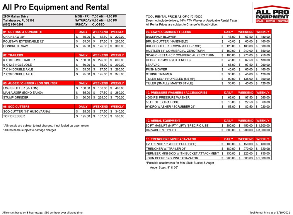 All Pro Equipment and Rental 2800 Mahan Dr., Tallahassee, FL 32308