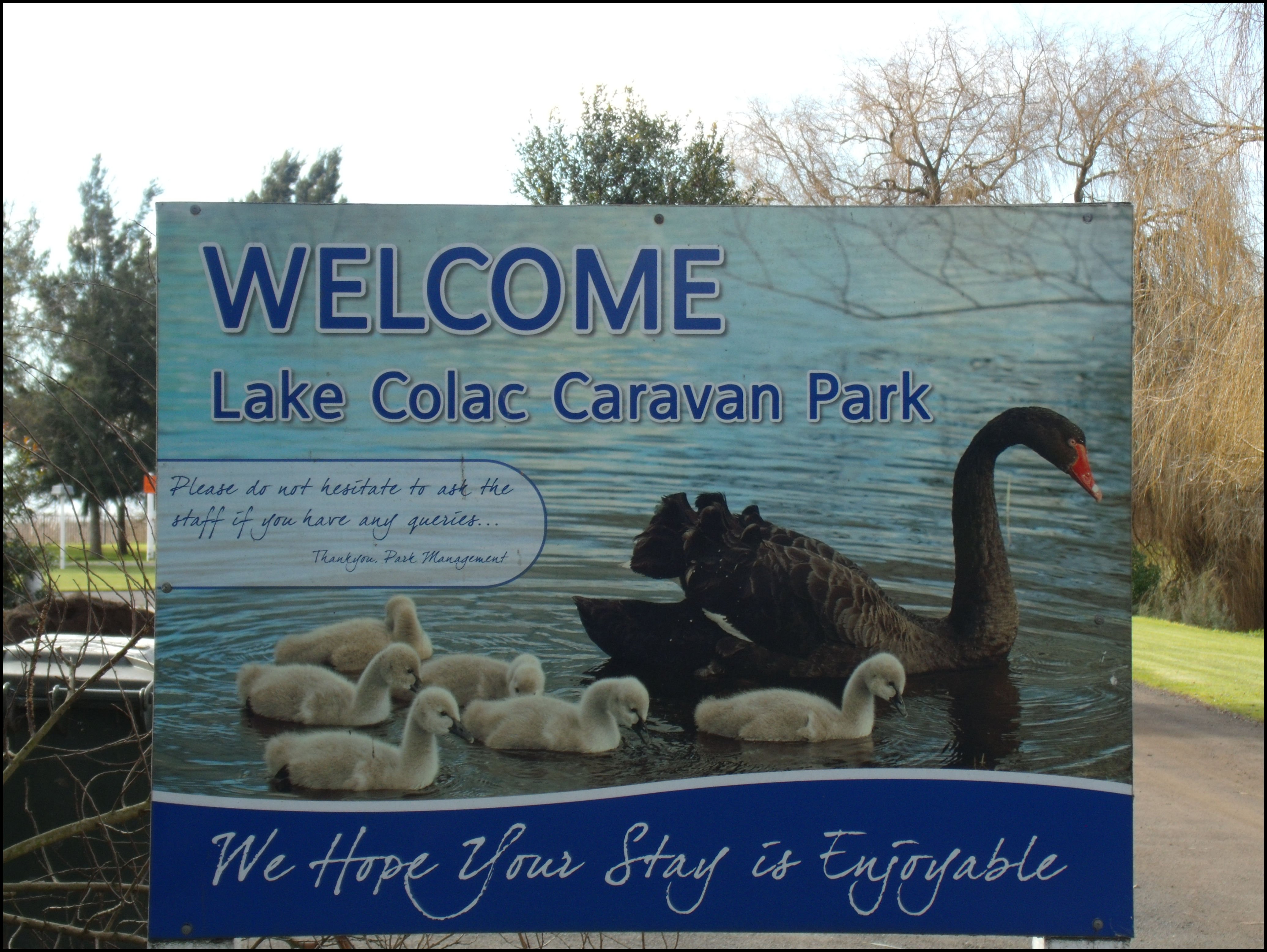 Welcome lake colac caravan park signage 