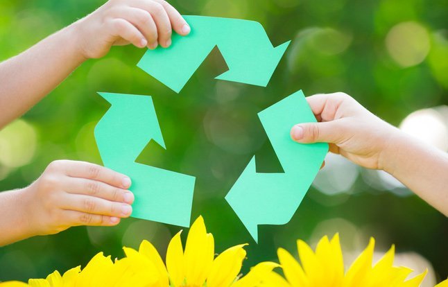 lightning bin hire paper recycle sign in hands against green spring background