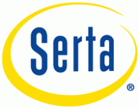 A blue and yellow serta logo on a white background
