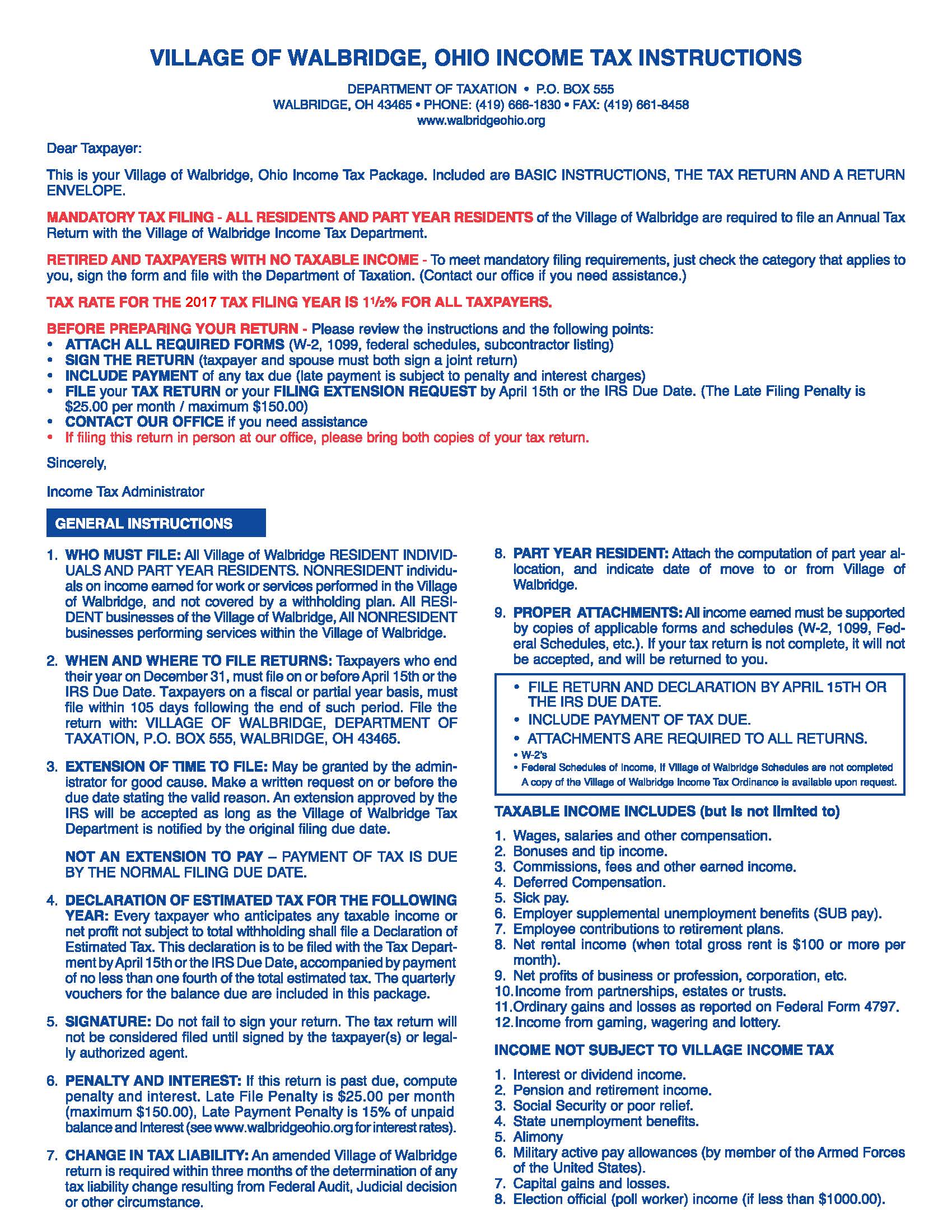 Village of Walbridge Ohio Tax Forms