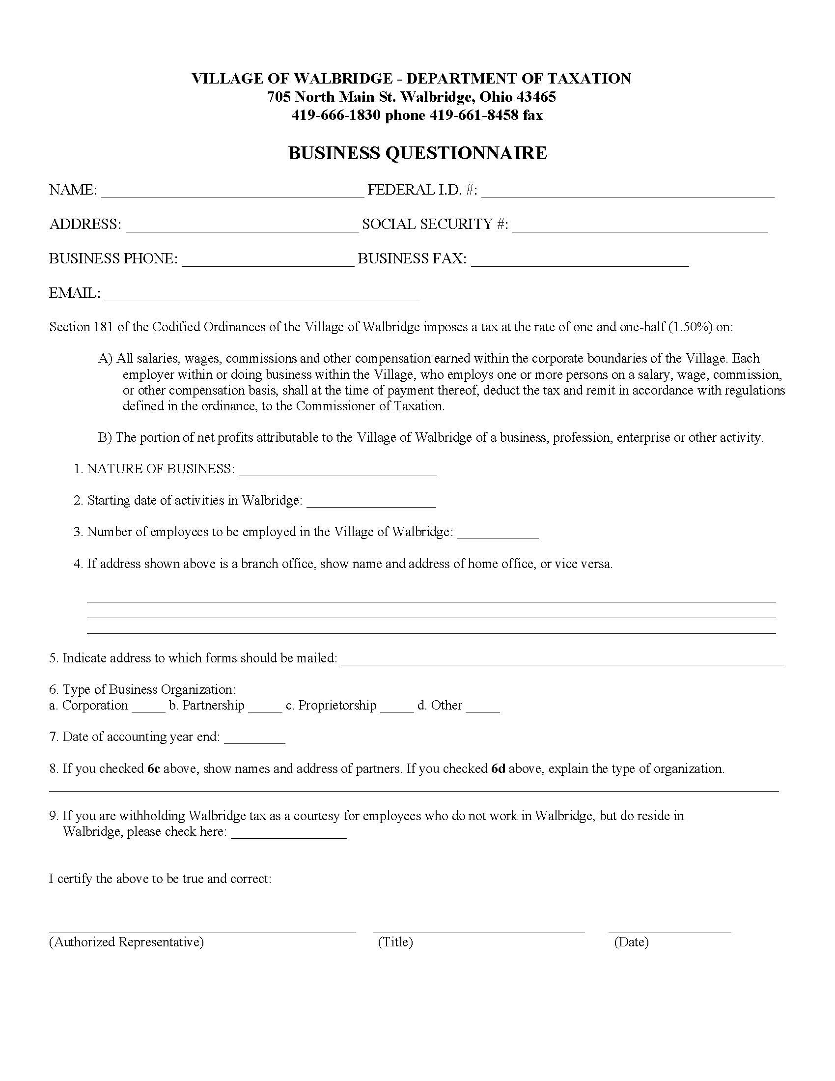 Village of Walbridge Ohio Tax Forms