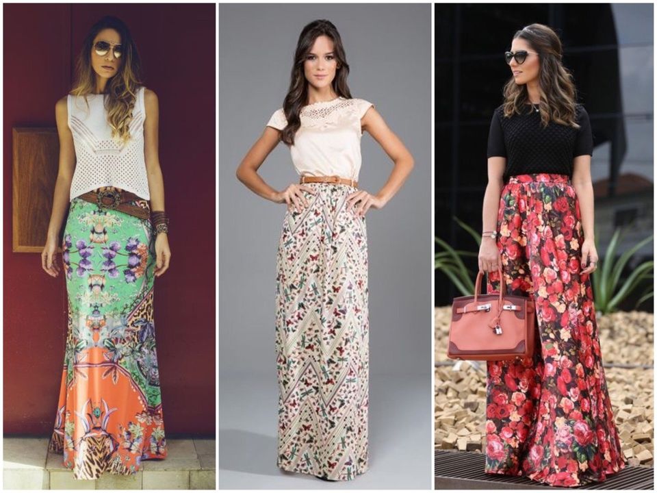 Saia longa combina com que tipo de blusa Outlet
