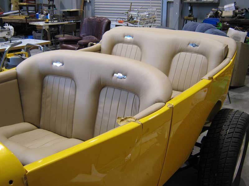 tan leather seating in custom hot rod