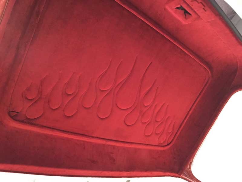crimson flames embroidery in custom hot rod