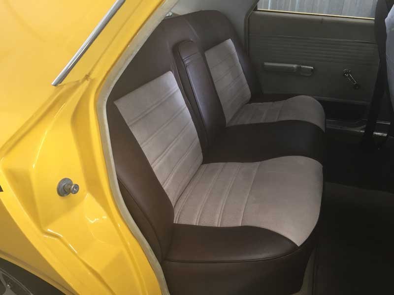 interior rear brown leather seats in muscle car