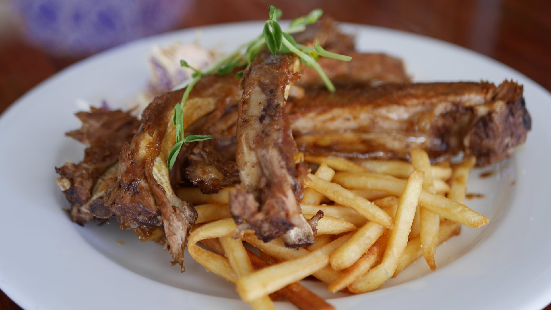 Japanese Yakitori - Marinated Pork Ribs with Slaw and Fries.