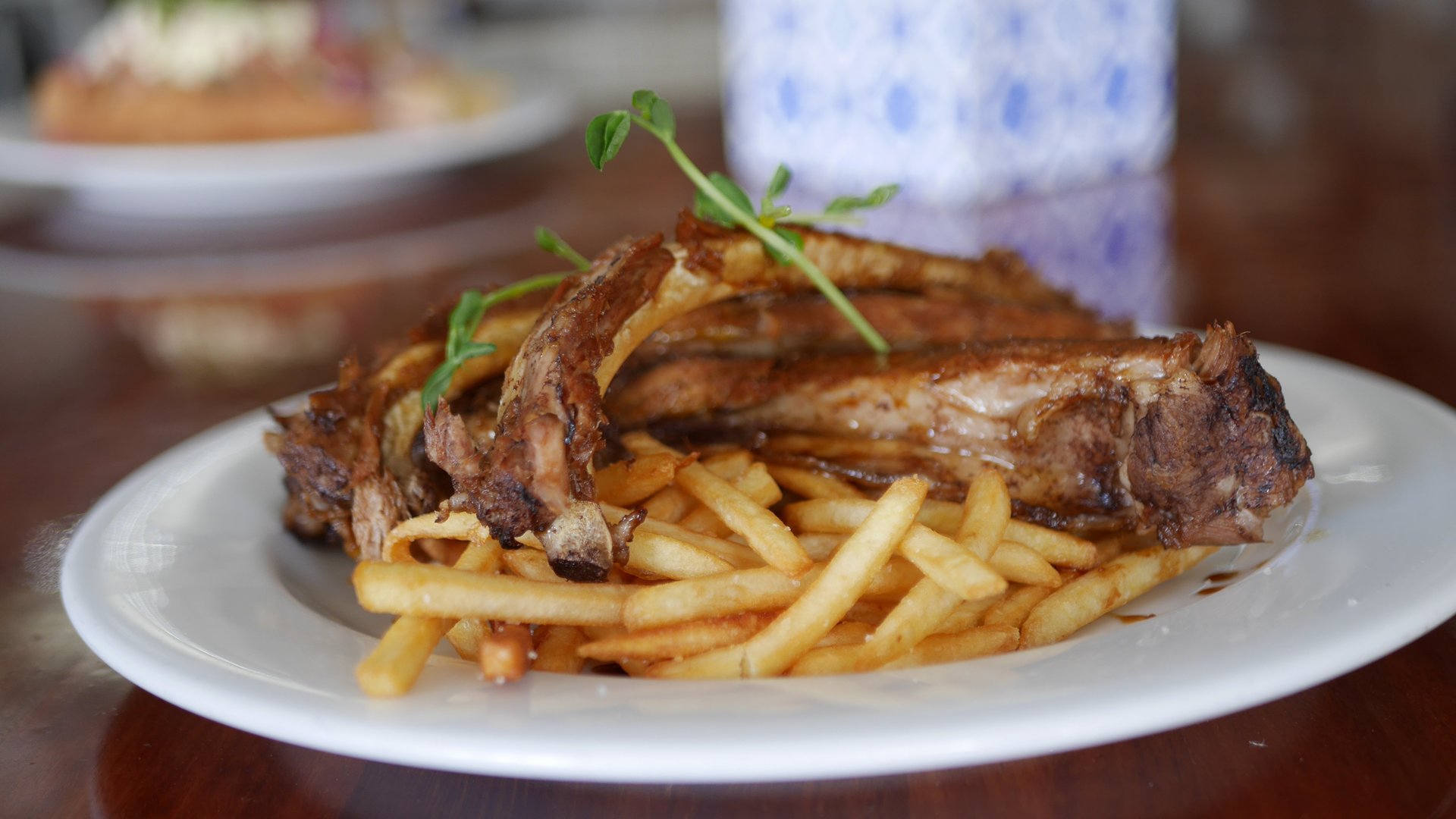 Japanese Yakitori - Marinated Pork Ribs with Slaw and Fries.