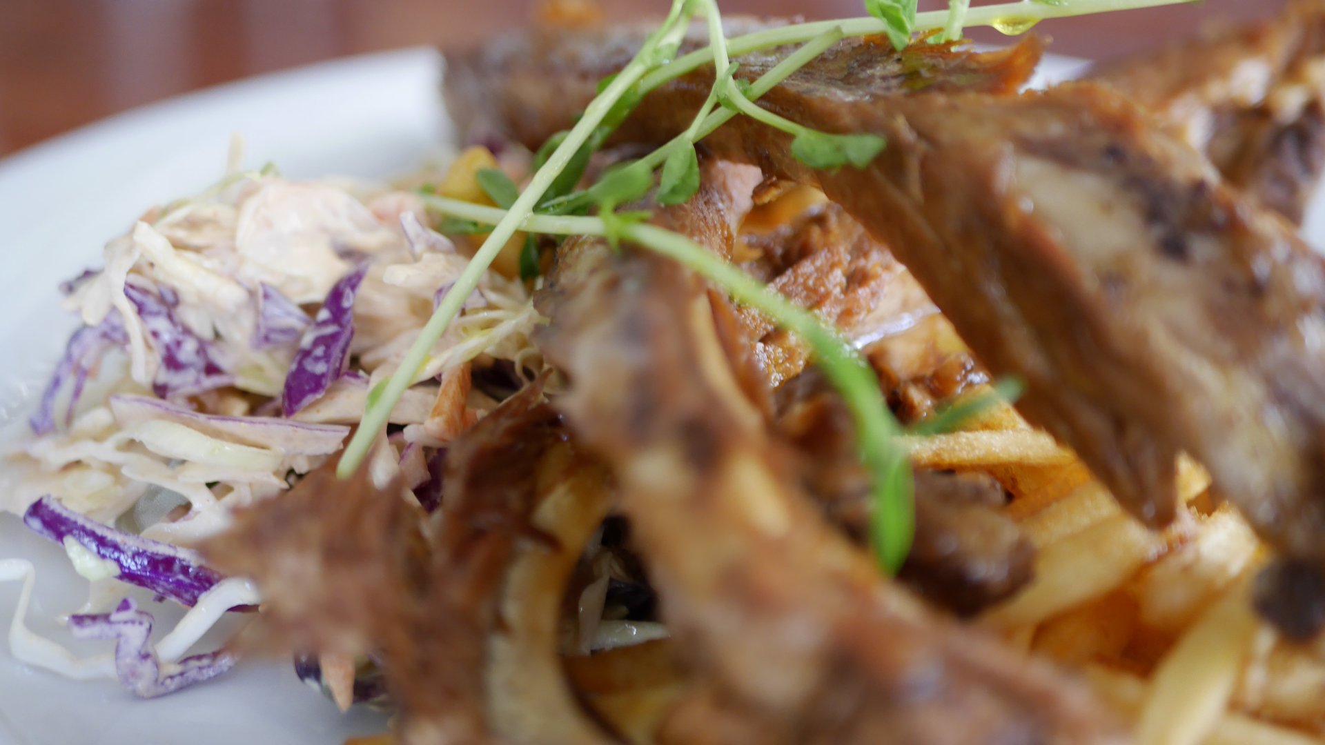 Japanese Yakitori - Marinated Pork Ribs with Slaw and Fries.