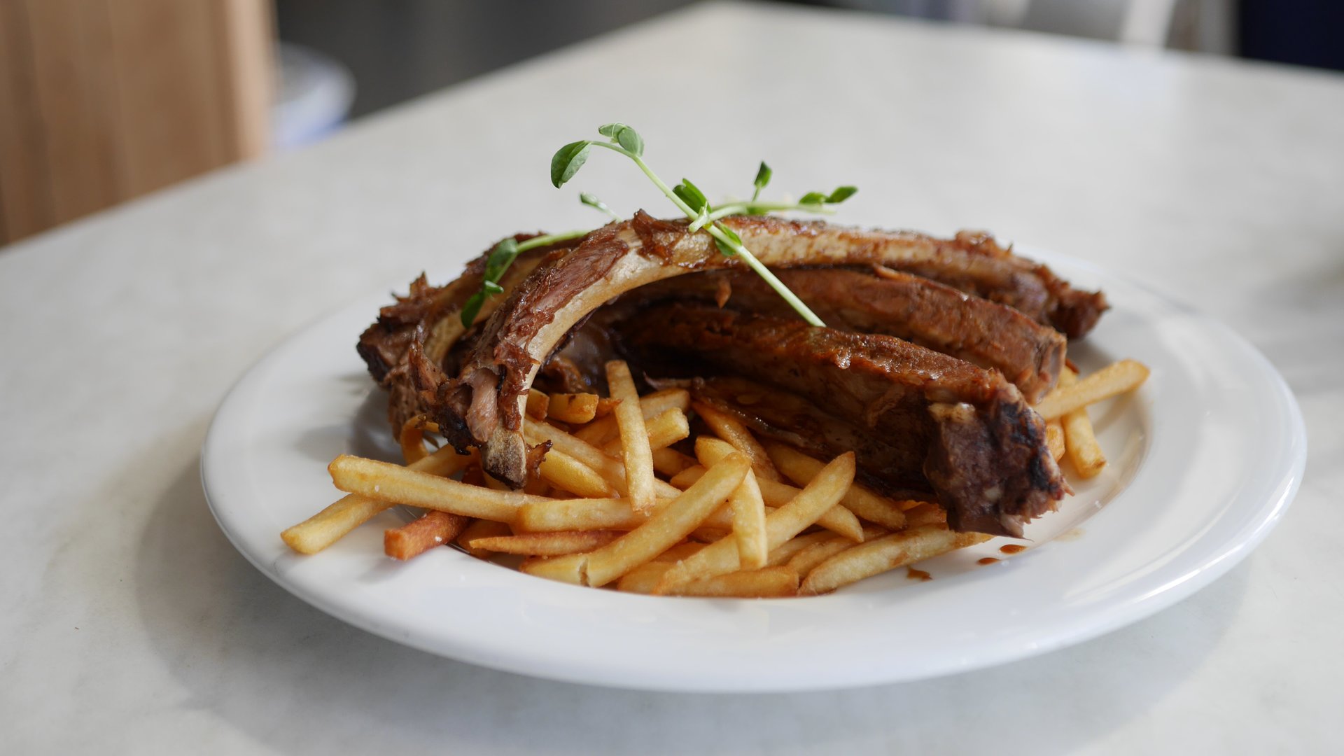 Japanese Yakitori - Marinated Pork Ribs with Slaw and Fries.