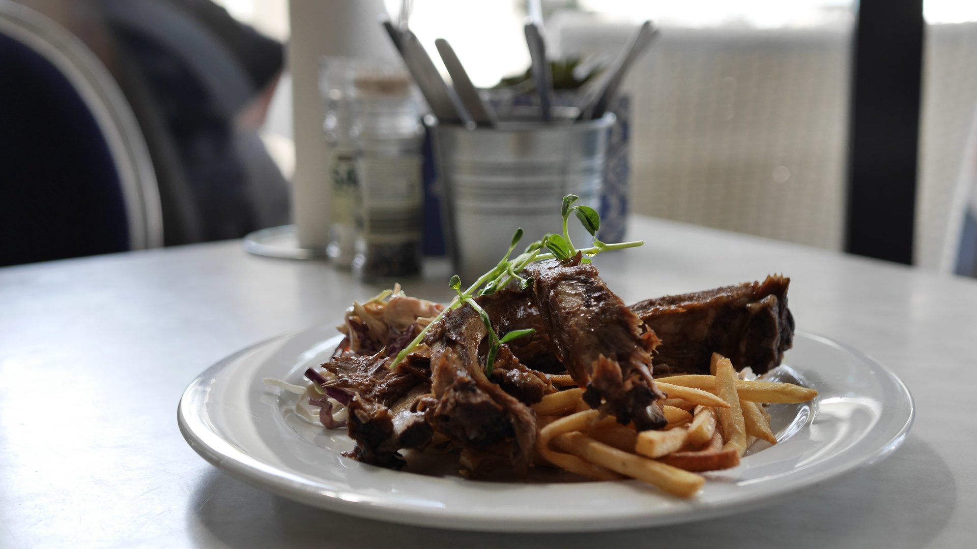 Japanese Yakitori - Marinated Pork Ribs with Slaw and Fries.