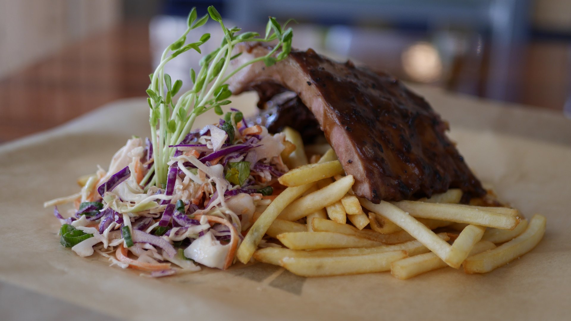Street Eats - USA Black Pepper Pork Ribs with Slaw & Chips.
