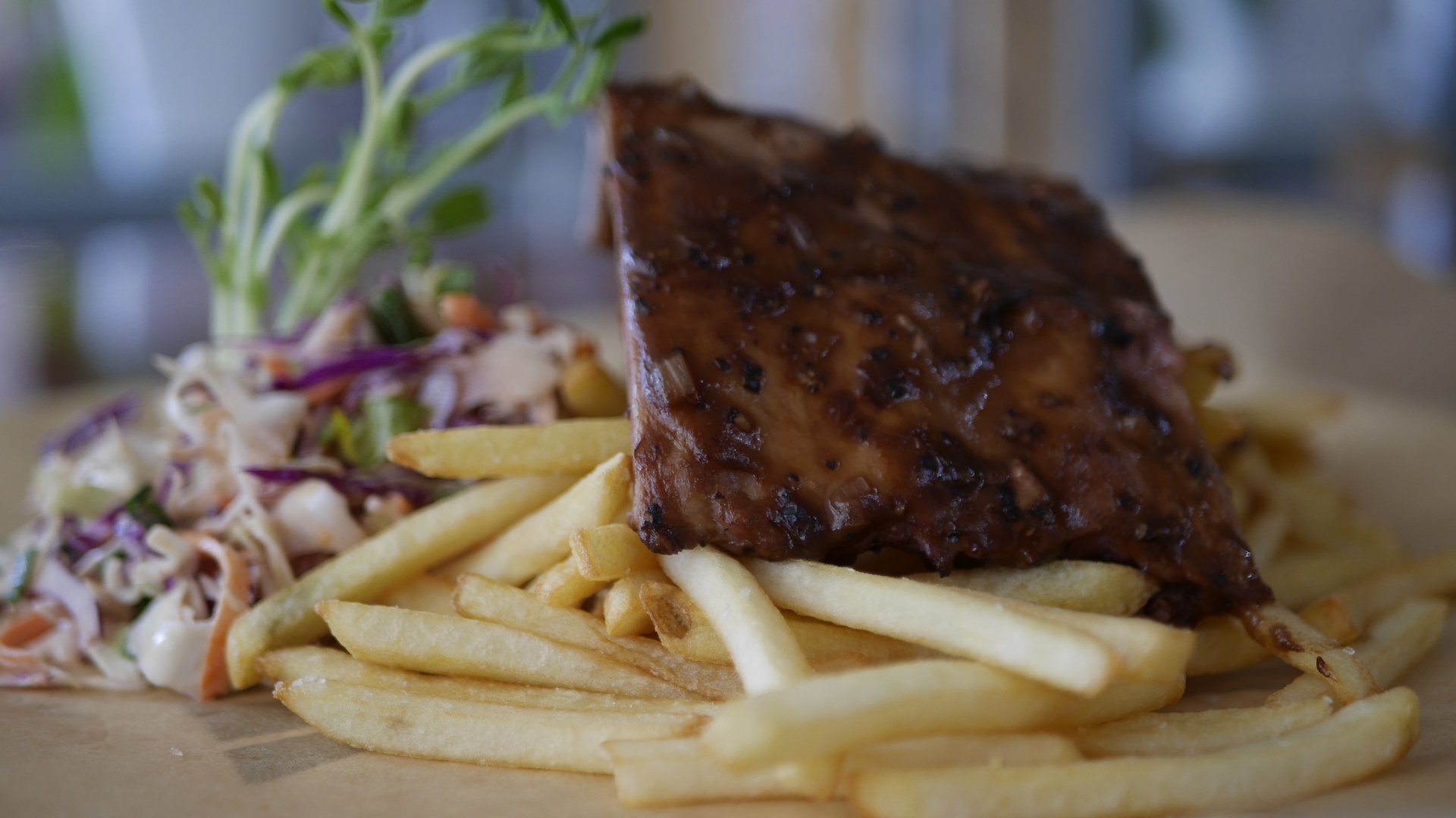 Street Eats - USA Black Pepper Pork Ribs with Slaw & Chips.