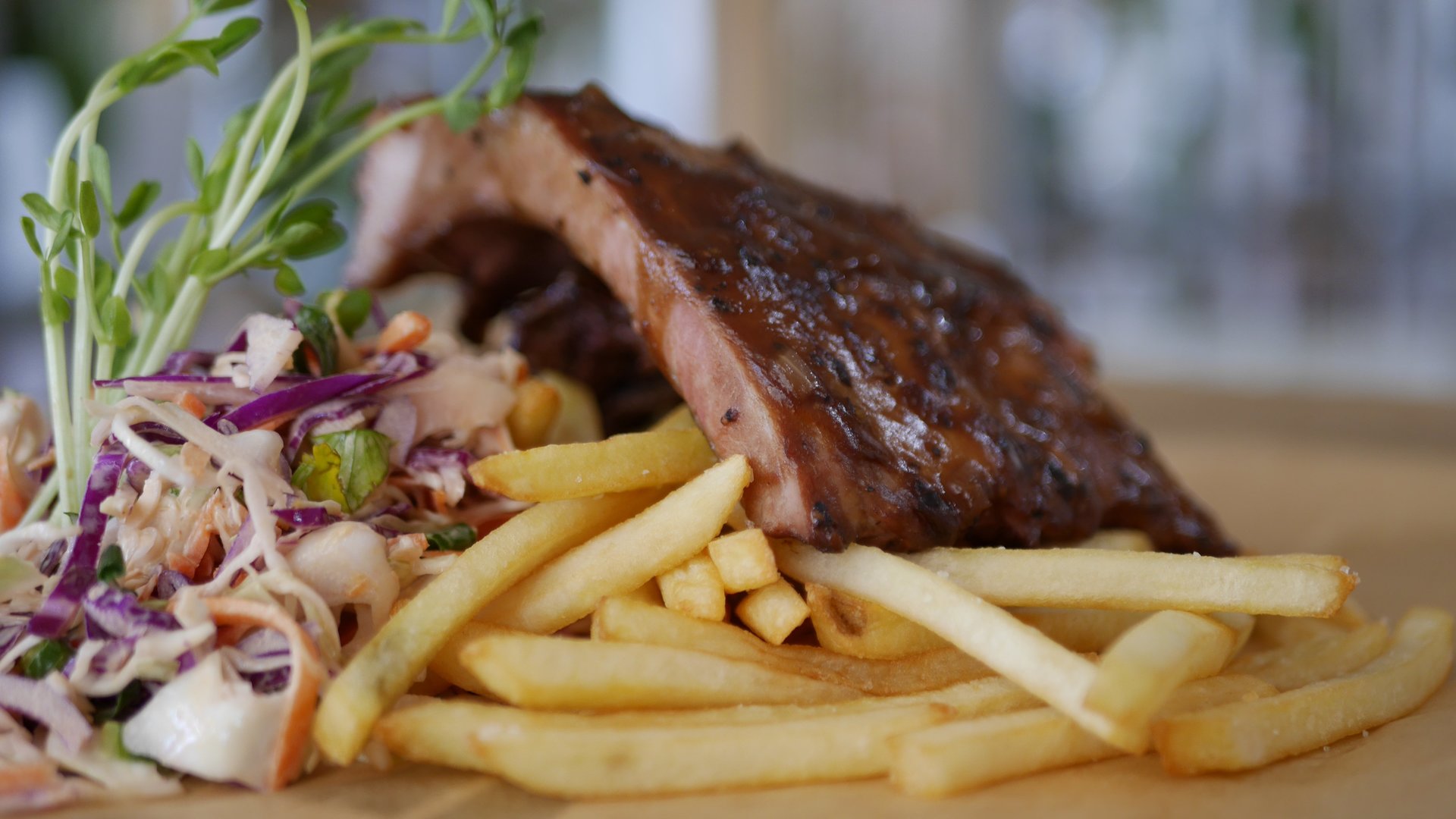 Street Eats - USA Black Pepper Pork Ribs with Slaw & Chips.