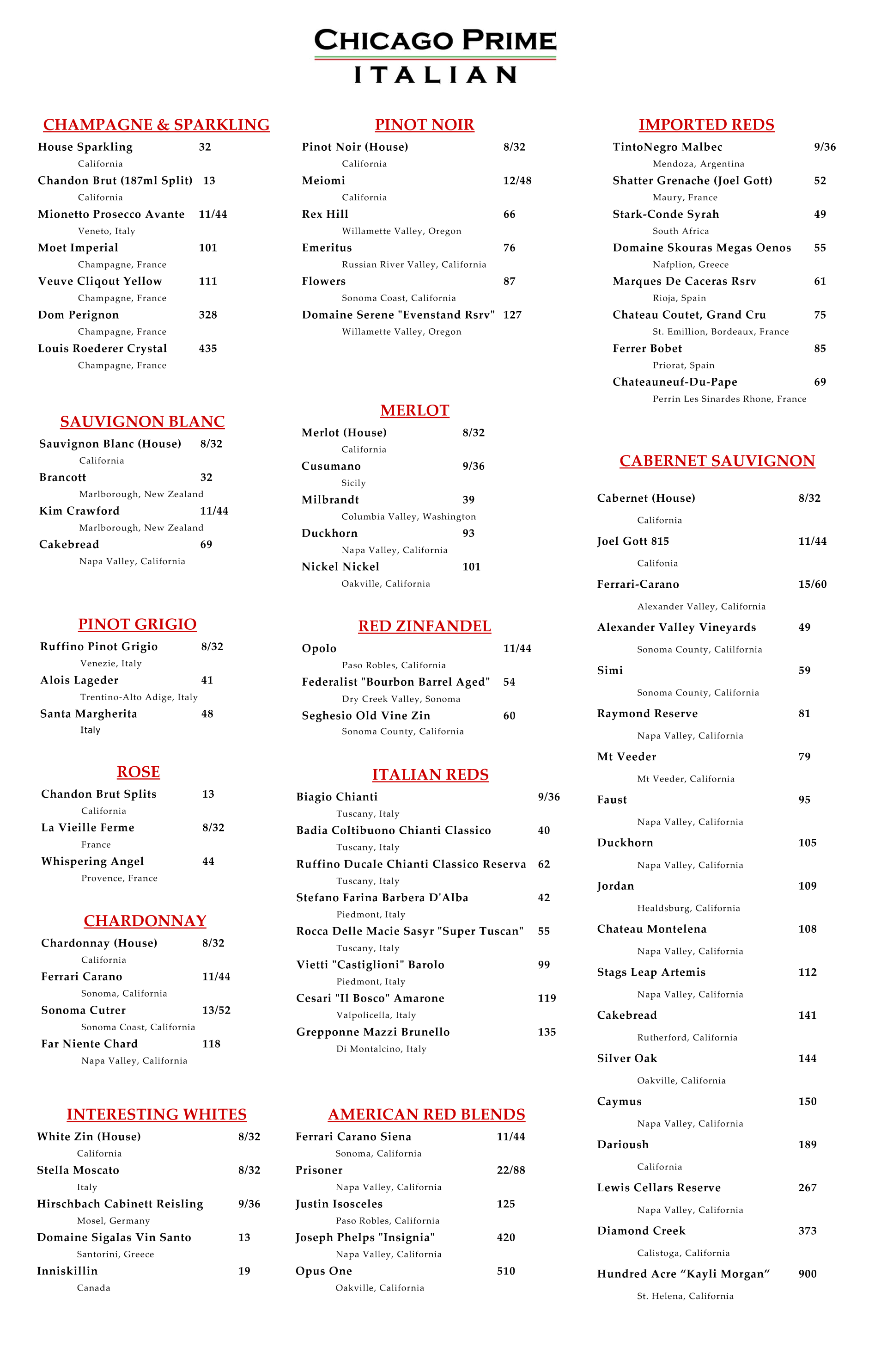 Entrees Fine Italian Dining in Schaumburg Menu