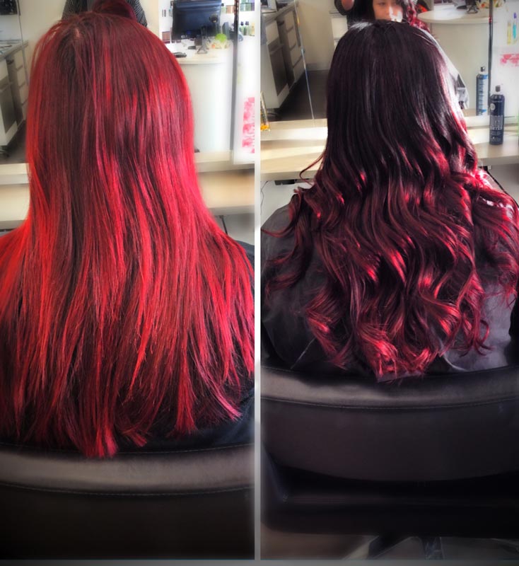 Red dyed hair curled collage