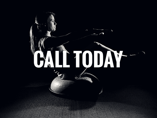 woman exercising on a ball, with flashing text of 