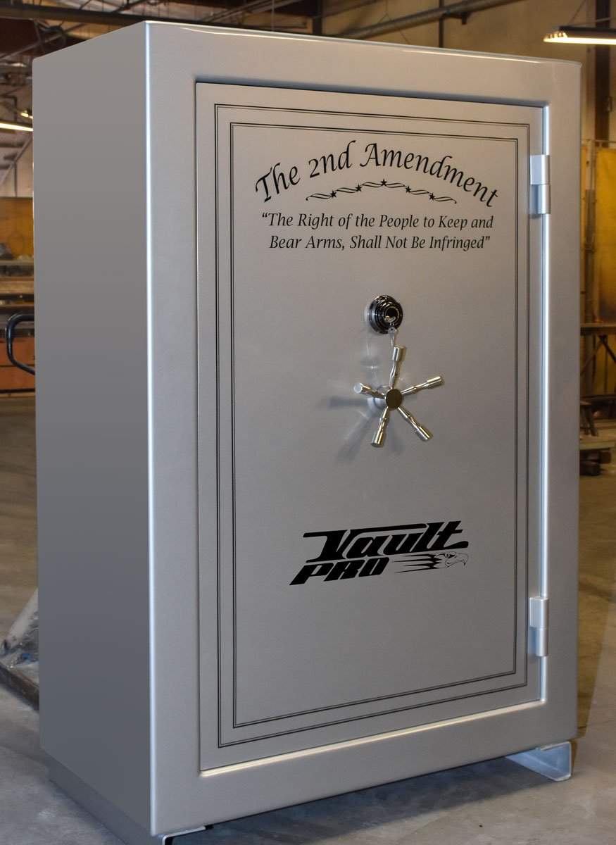 Big gun safe exterior in platinum finish, with 2nd amendment graphic on the door.