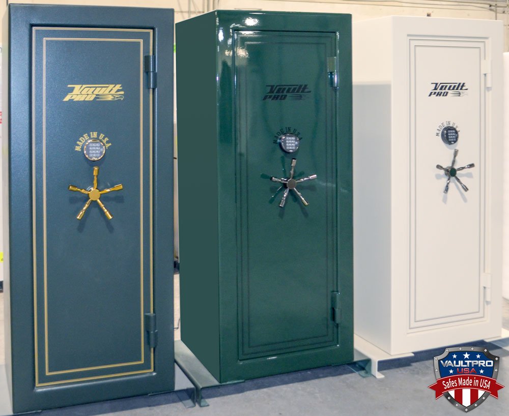 Three safes are lined up in a room and one of them has the word eagle on it
